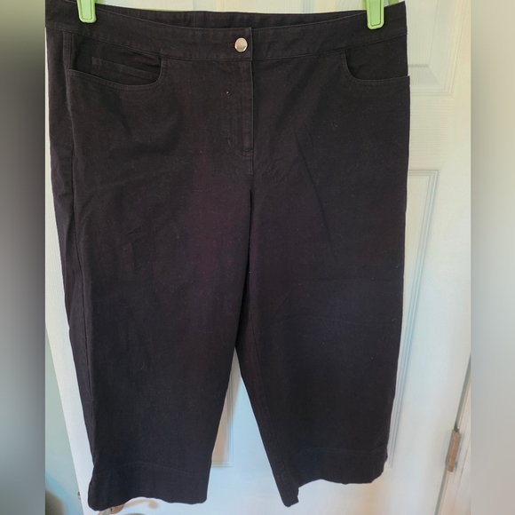 Eileen Fisher Sz L Black Cotton Stretch Wide Leg Casual Cropped Pants - Picture 4 of 13